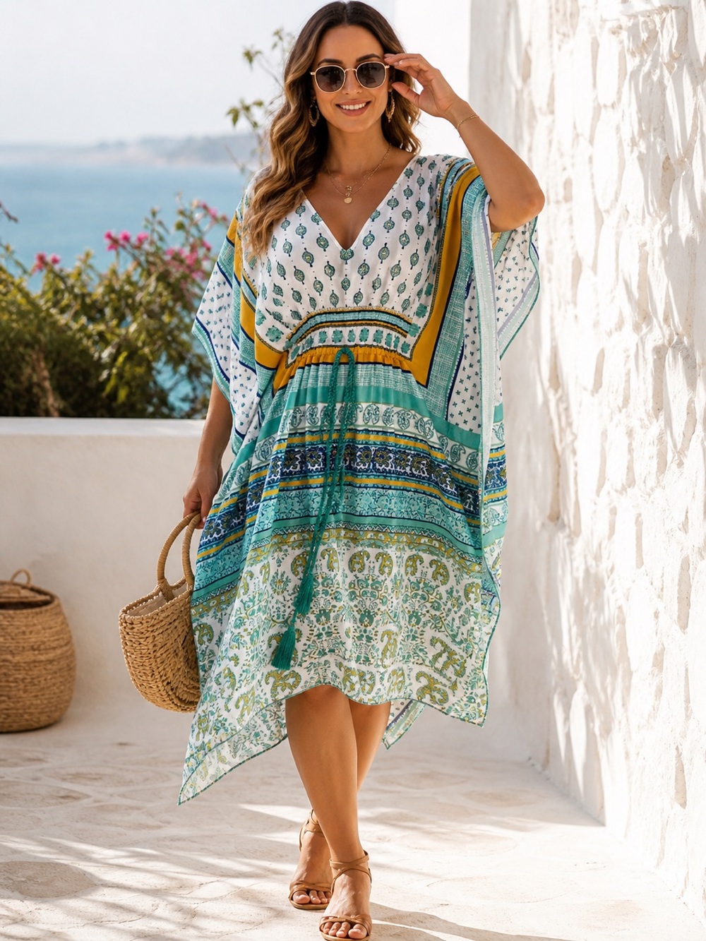 Boho Kaftan Teal Turquoise Gold Print Cinched Waist Resort Beach Coverup Tunic